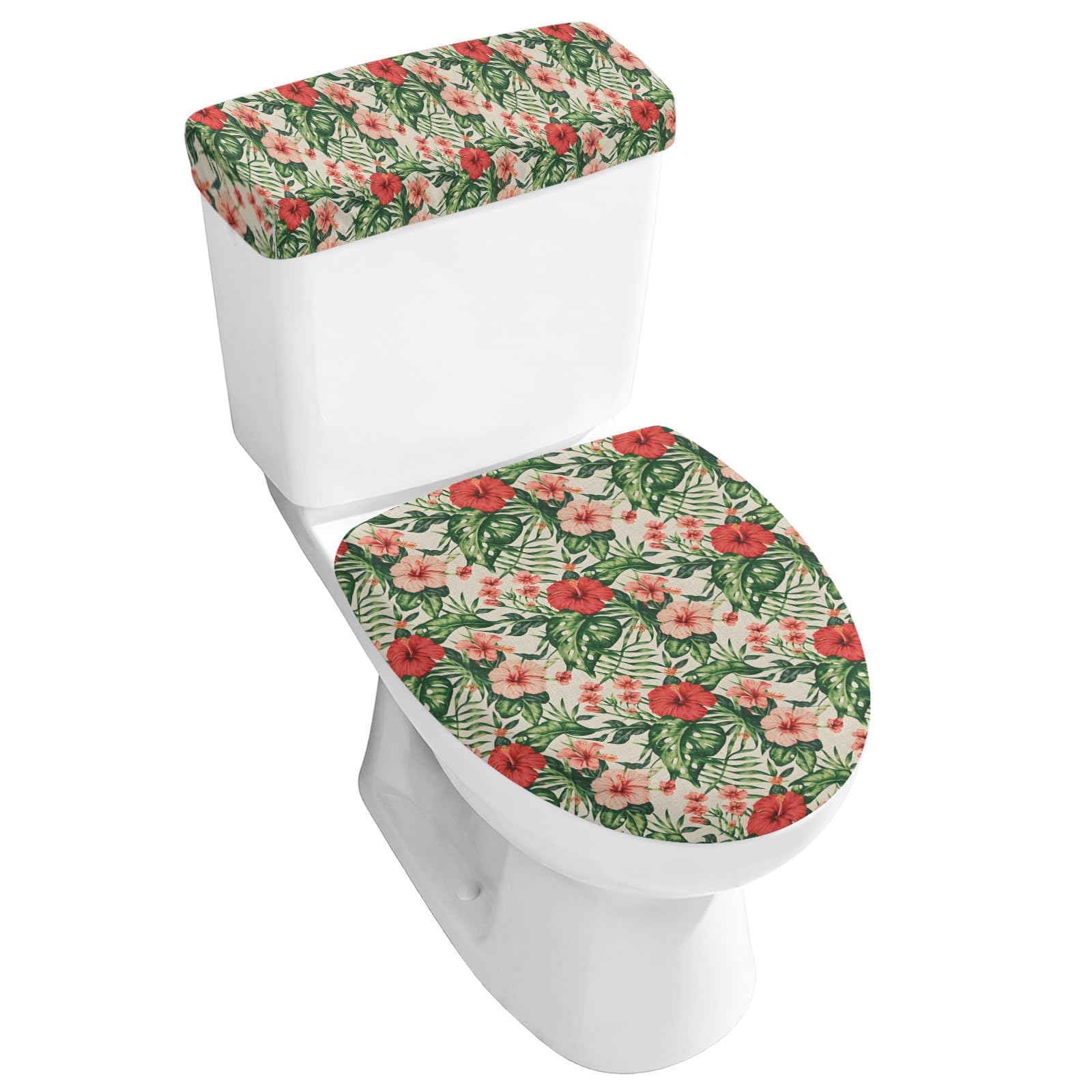 Smile Sunflower Vintage Watercolor Floral Leaf Stretch Velvet Toilet Lid Cover and Tank Cover Set, Tropical Botanic Linen Texture Machine Washable Fits Round an