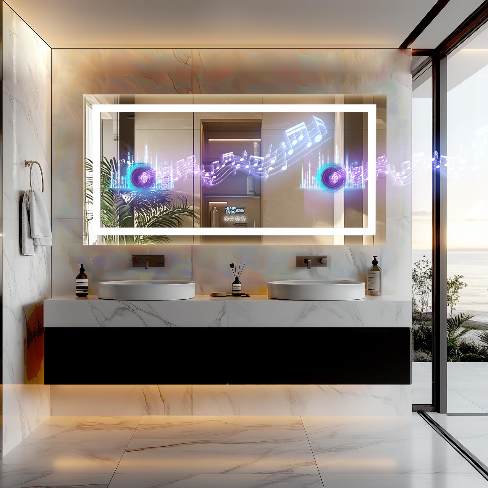 luvodi smart led bathroom mirror: large wall mounted vanity mirror with bluetooth speaker and time temperature display - dimmable lighted modern makeup mirror with front&back lit anti fog