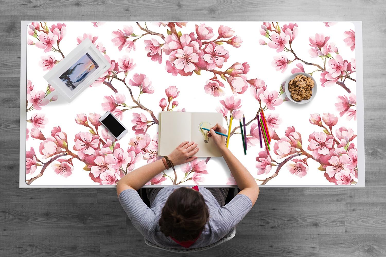 Tappetino da Scrivania 120x60 cm Protezione e Decorazione in Vinile PVC Antiscivolo Impermeabile Facile da Pulire Superficie Protettiva per Ufficio e Casa - Fiori rosa