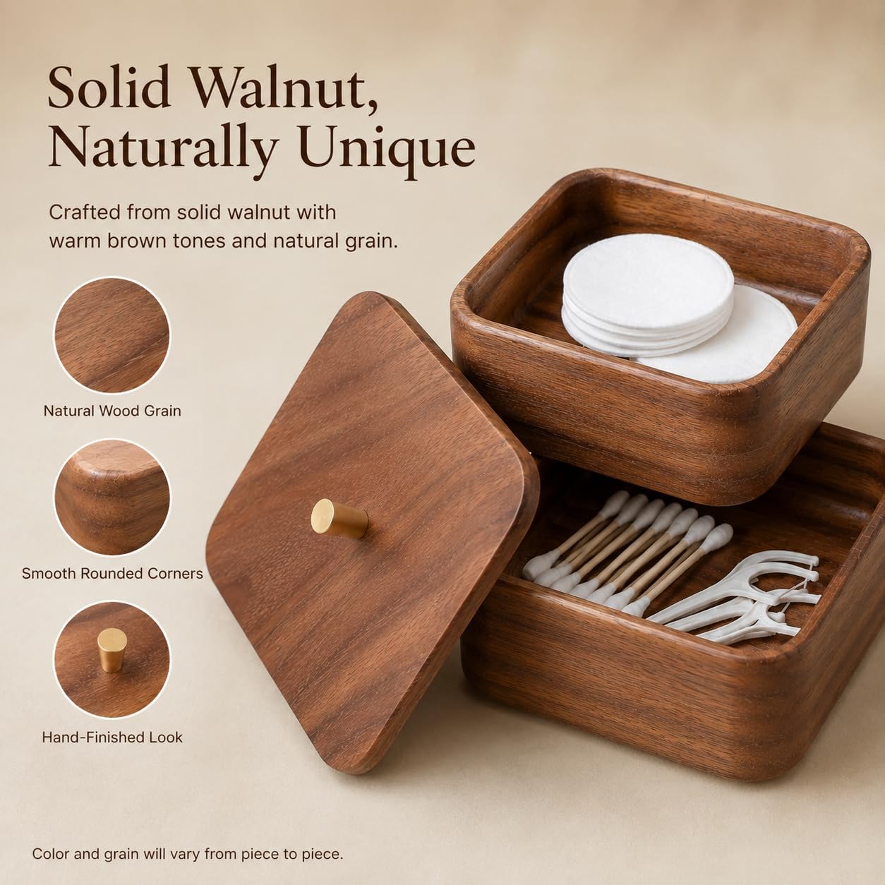 Solid Walnut Cotton Swab Holder, 2-Tier Bathroom Canister with Lid
