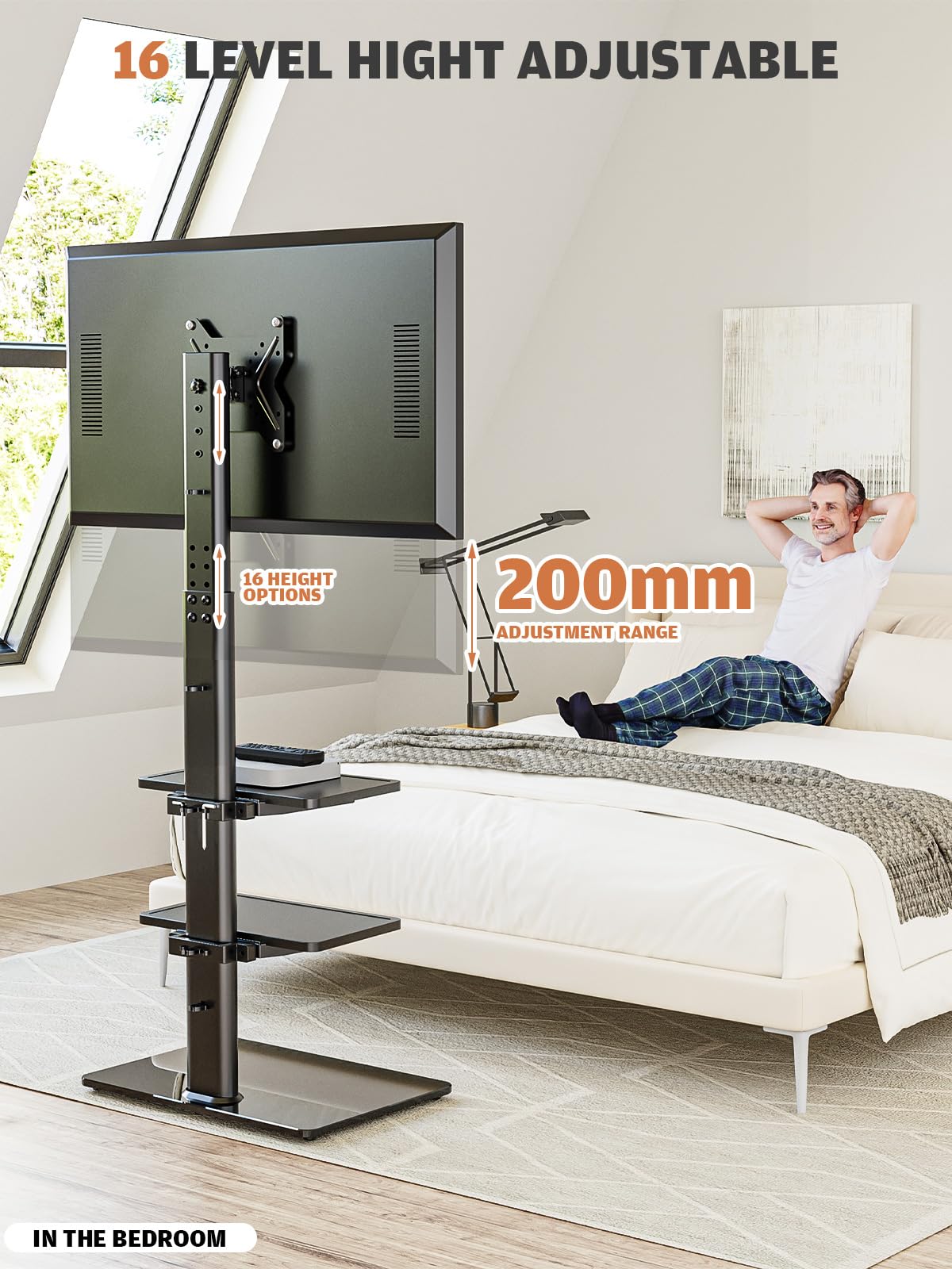 Hemudu Supporto TV da Pavimento Regolabile in Altezza 16 Livelli, Porta TV da Terra Mobile per TV LCD LED da 19 a 43 Pollici, Staffa TV Girevole 100º, Fino a 45 kg, Max VESA 200 x200 mm, 3 Ripiani