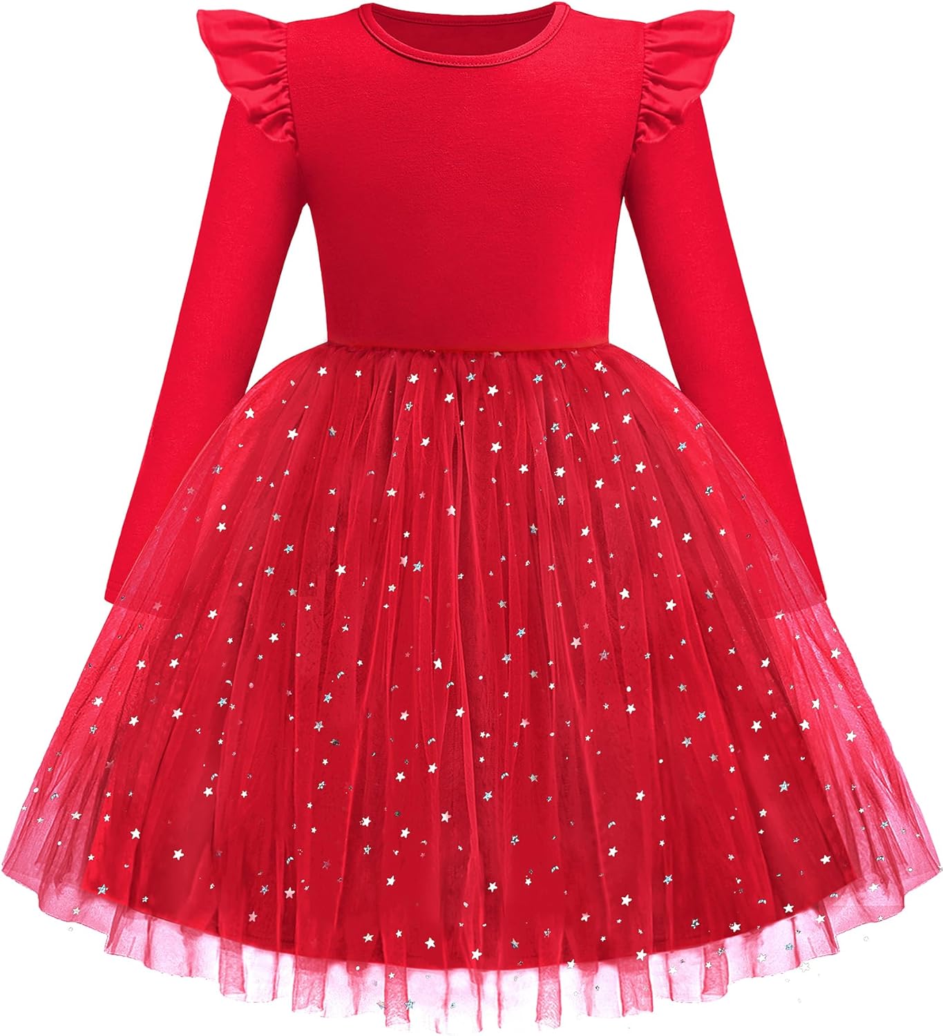 Arshiner Toddler Girls Tutu Dresses Long Sleeve Ruffle Fall Winter Holiday Star Sequin Tulle Dress 2-6Y