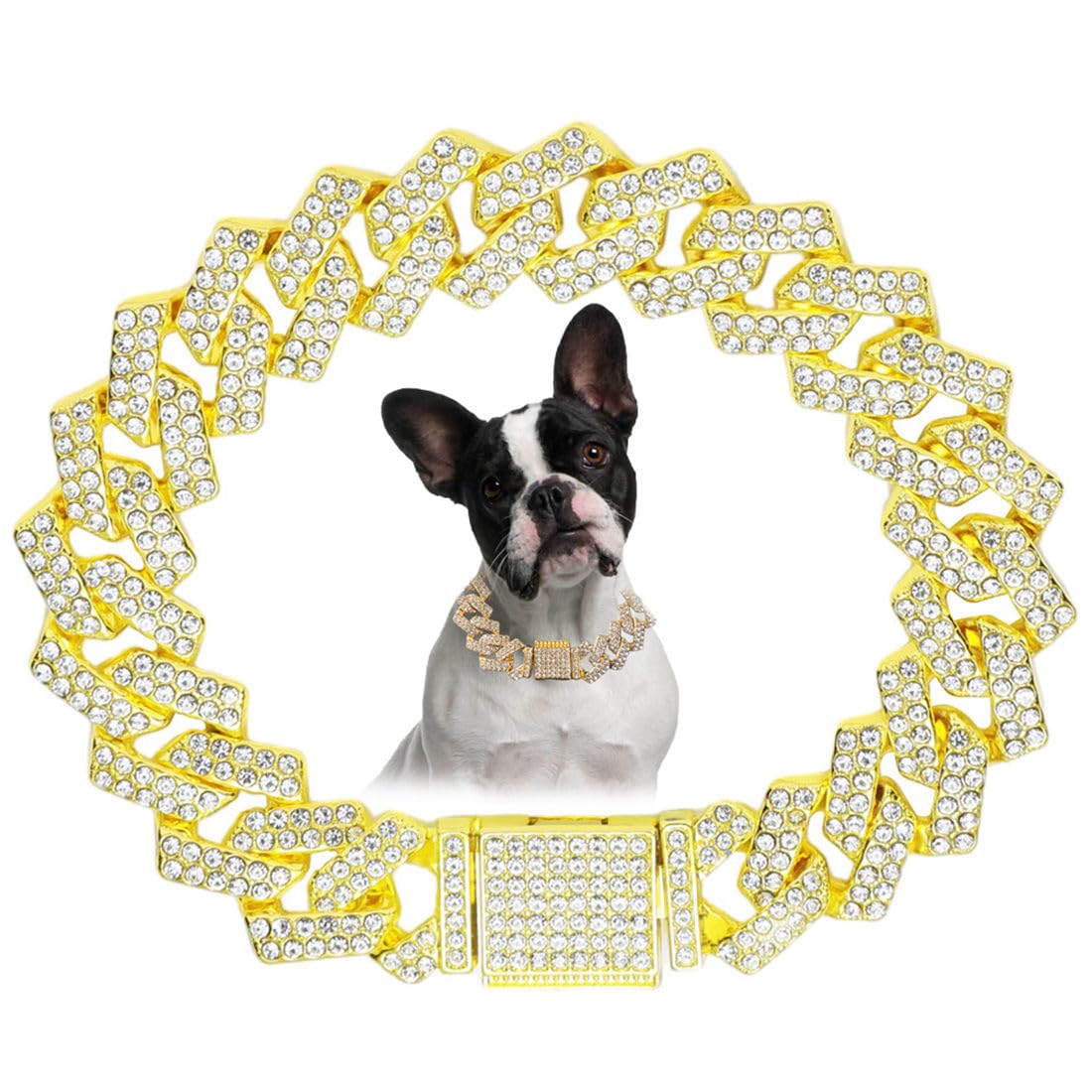 Gold Dog Collar, Bling Diamond Cuban Link Dog Chain Glitter Chain Rhinestone Dog Necklace for Small Medium Large Pet Dogs, 12-Inch