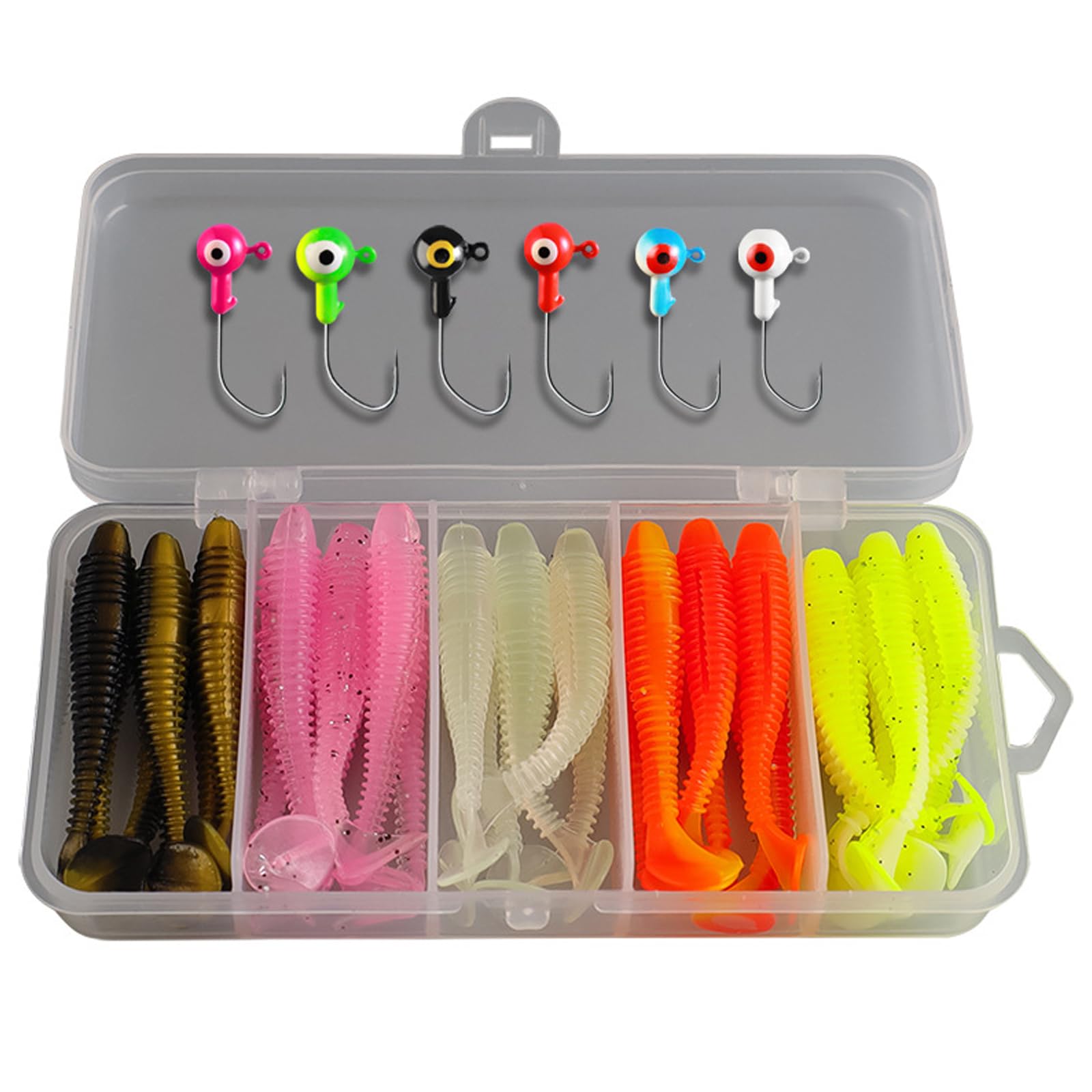 Buaak 37pcs Fishing Lures, Lure Box, 6 Jig Heads, 30 Soft Plastic Lure s, Soft Bait Head, Trout - Freshwater & Saltwater Artificial Lures, for Fishin g Bass, Trout, Pike, Walleye, Perch, Crucian Carp