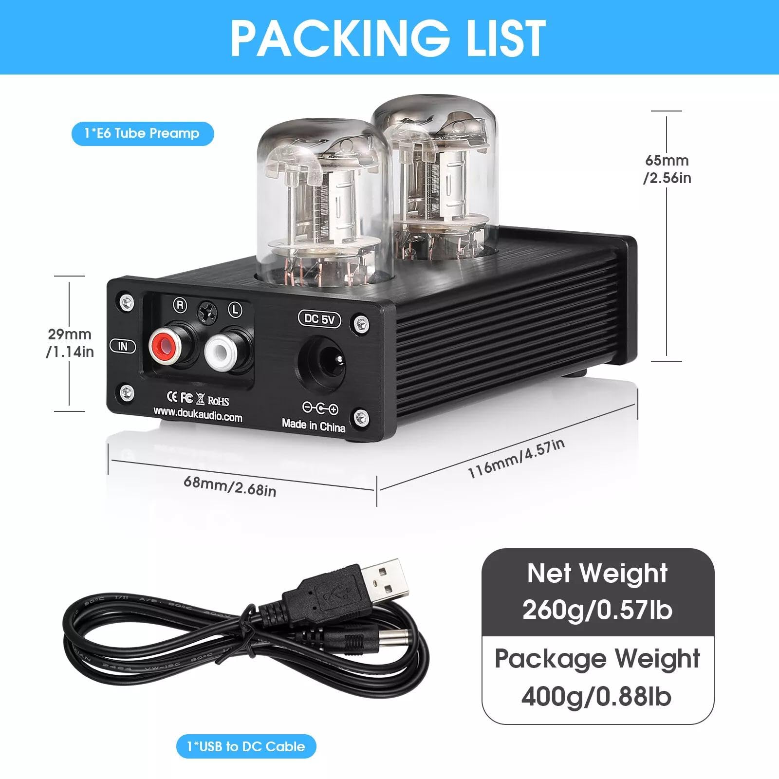 Nobsound E6 - Preamplificador de tubos de calefacción directa, preamplificador de audio estéreo de escritorio con ajuste de volumen