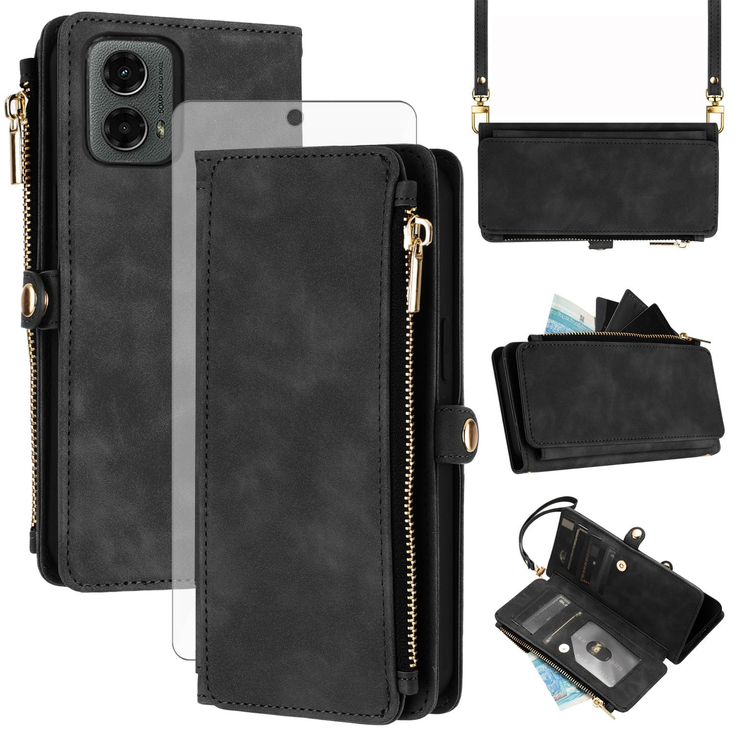 Asuwish Phone Case for Motorola Moto G 5G 2024 Zipper Wallet Cell Cover with Tempered Glass Screen Protector Crossbody Wrist Strap Flip Credit Card