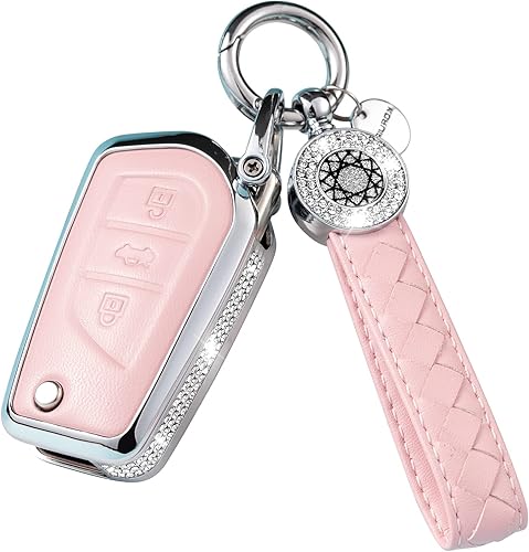 Miniatura 10 de Funda para llave de arranque remoto, con llavero, de piel auténtica color rosa, con cristales, carcasa protectora