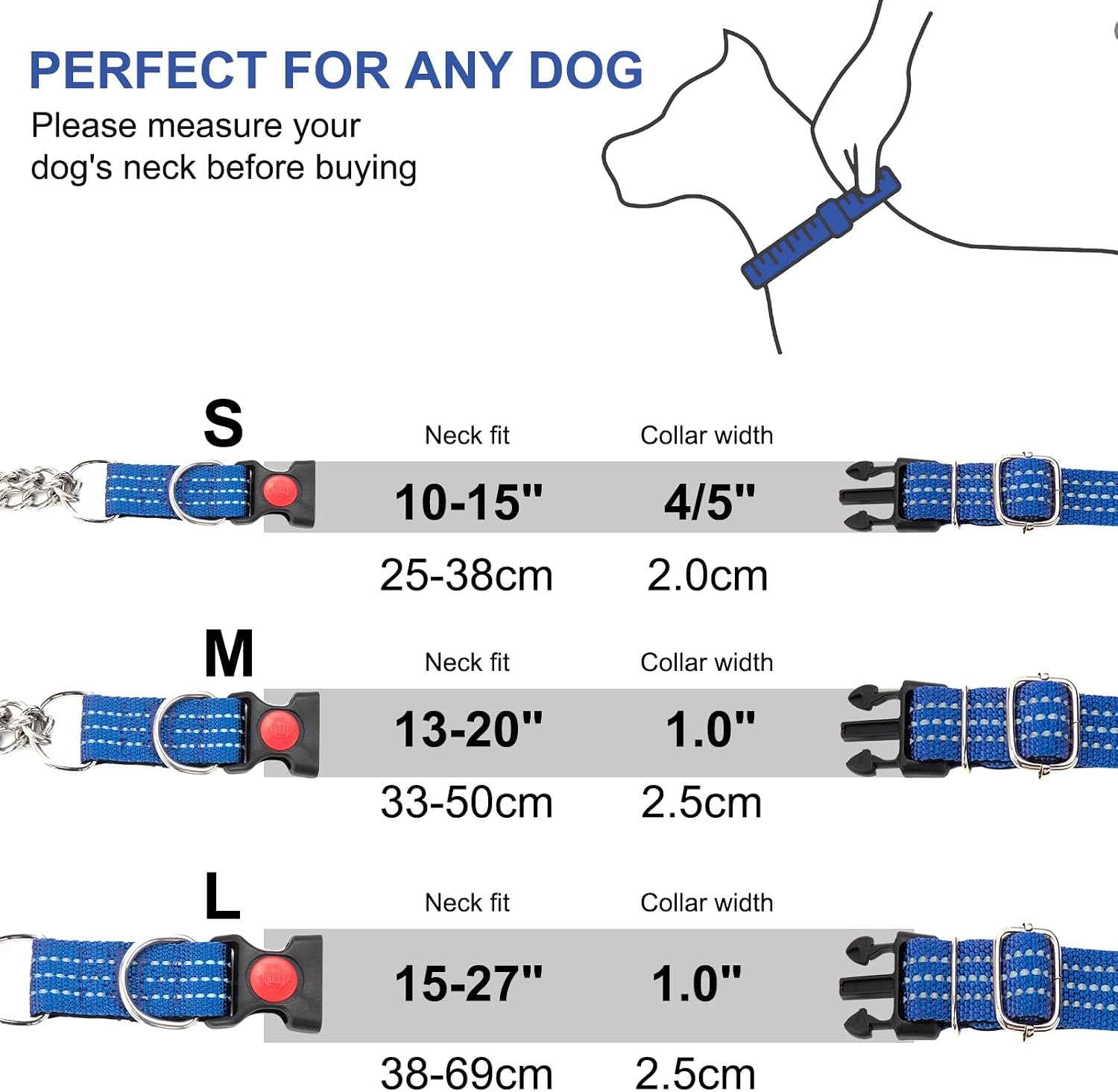 Martingale Collars,Reflective Dog Collar,Side Release Buckle,Adjustable Chain Training Pet Collars (Blue, M,Neck 13"-20") image 5