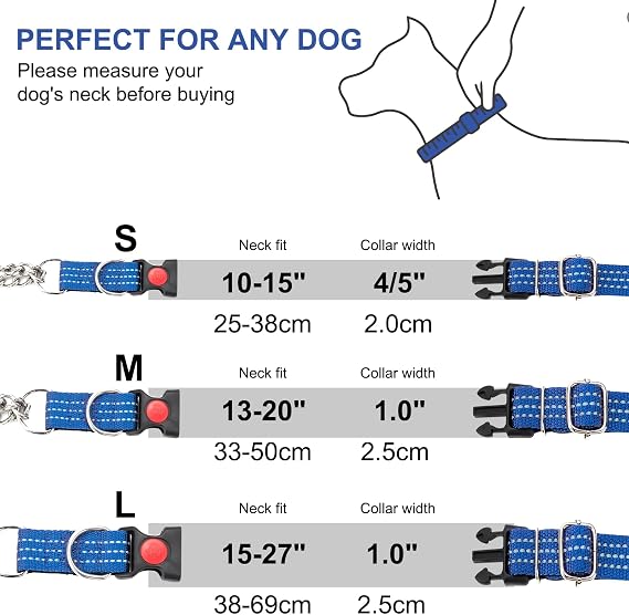 Martingale Collars,Reflective Dog Collar,Side Release Buckle,Adjustable Chain Training Pet Collars (Blue, L,Neck 38-69cm)