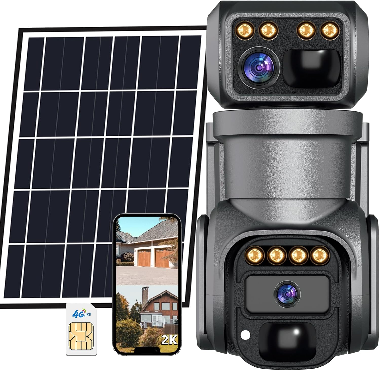 No WiFi Security Camera, 4G LTE Cellular Security Camera, 2K Solar Cellular Cam HD Dual Lens 360 Pan Tilt, Color Night Vision, PIR Motion Detection, IP66 Waterproof Installed SIM (Black, SHANGXIA)