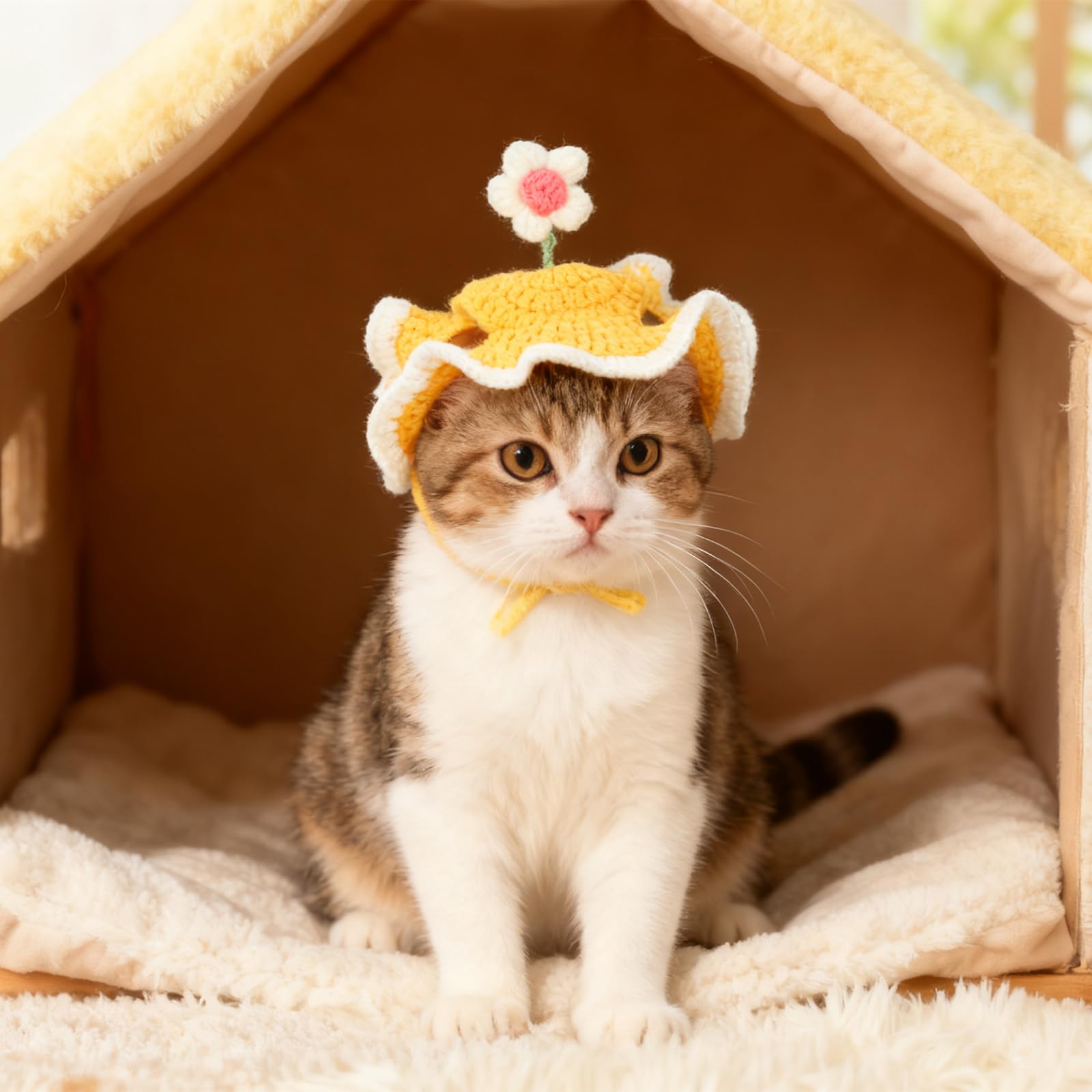 Chapeau d'anniversaire pour Chat avec Trous Oreilles, Ajustable Chapeau Chat Tricoté avec Mignon Design Fleur Dressée pour Fête d'anniversaire Vacances Séances Photo (Jaune)