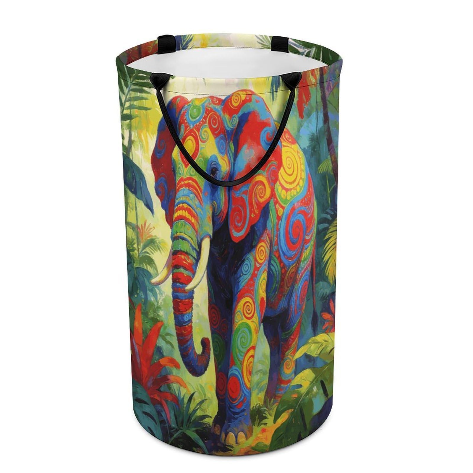 Colorful Elephant Laundry Hamper 86L Waterproof Collapsible Clothes Basket with Double Handles Freestanding Foldable Laundry Basket Large Clothes Hamper for Bathroom