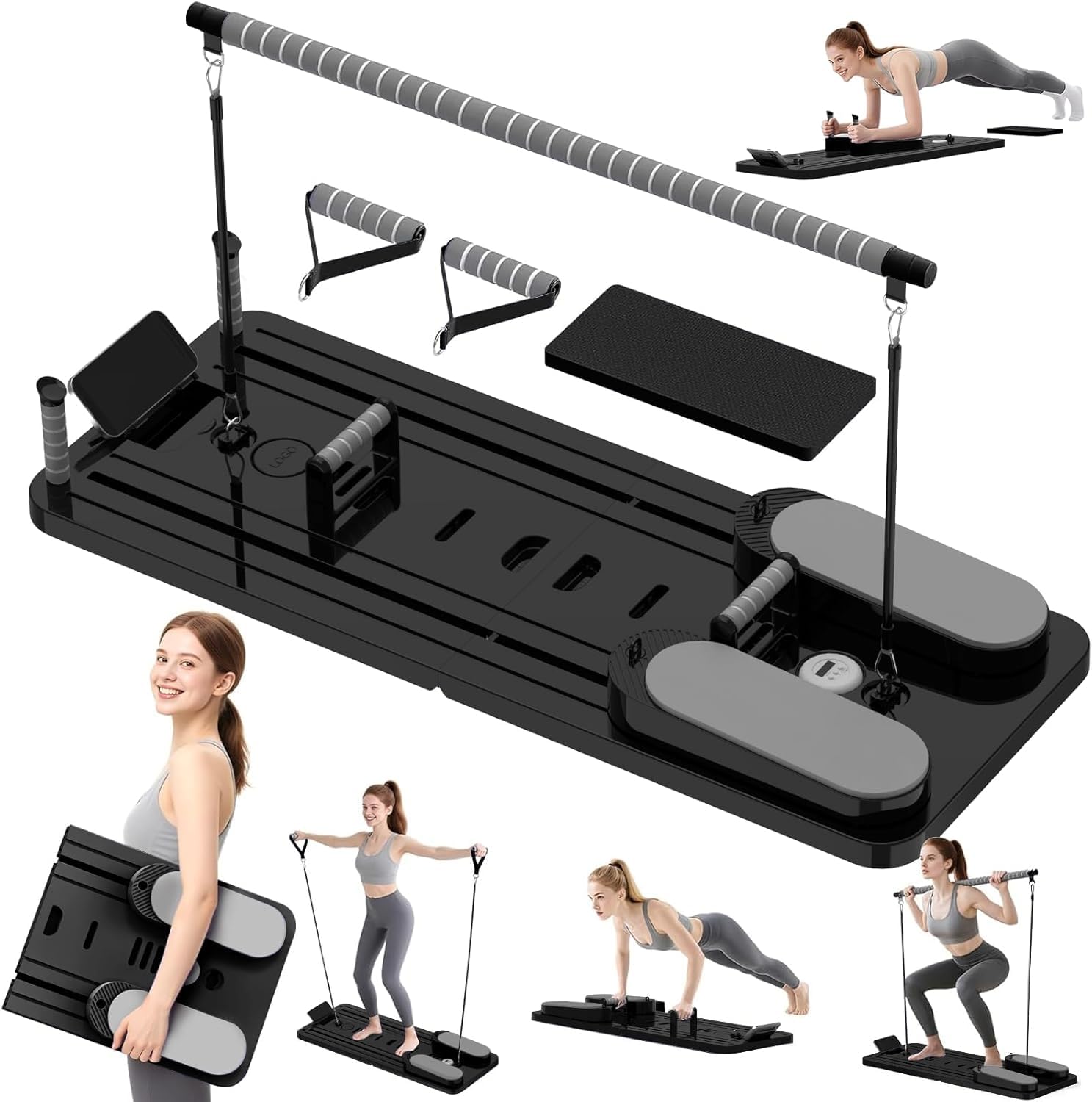 SPYLAVE Pilates Board für Zuhause 2026 Upgraded, Faltbares Multifunktionales Pilates Reformer, 8-in-1 Pilates Set mit Automatischem Rückprall, Bauchtrainer & 5 Widerstandsbänder, Ganzkörpertraining