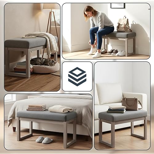 Miniatura 7 de CangLong Banco otomano rectangular de 27 pulgadas de ancho, reposapiés gris, tela de poliéster con aspecto de lino para sala de estar, dormitorio,