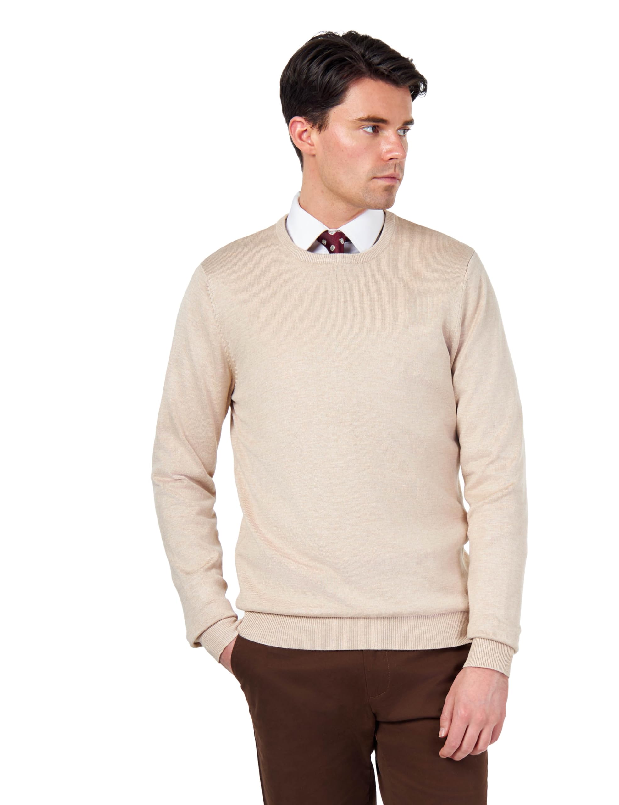 Mens Pure Cotton Cream Round Crew Neck Jumper Classic Fine Knit Lightweight Pullover Sweater [JUMPER-CREW-NECK-542-CREAM-3XL]