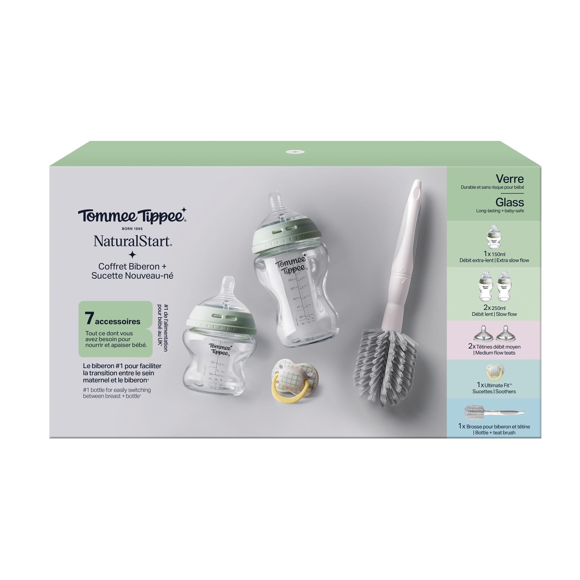 Tommee Tippee Set de inicio Natural Start de cristal, biberones anticólicos de 150 ml y 250 ml con tetina de flujo lento y extralento, tetinas que imitan la forma del pecho, con autoesterilización