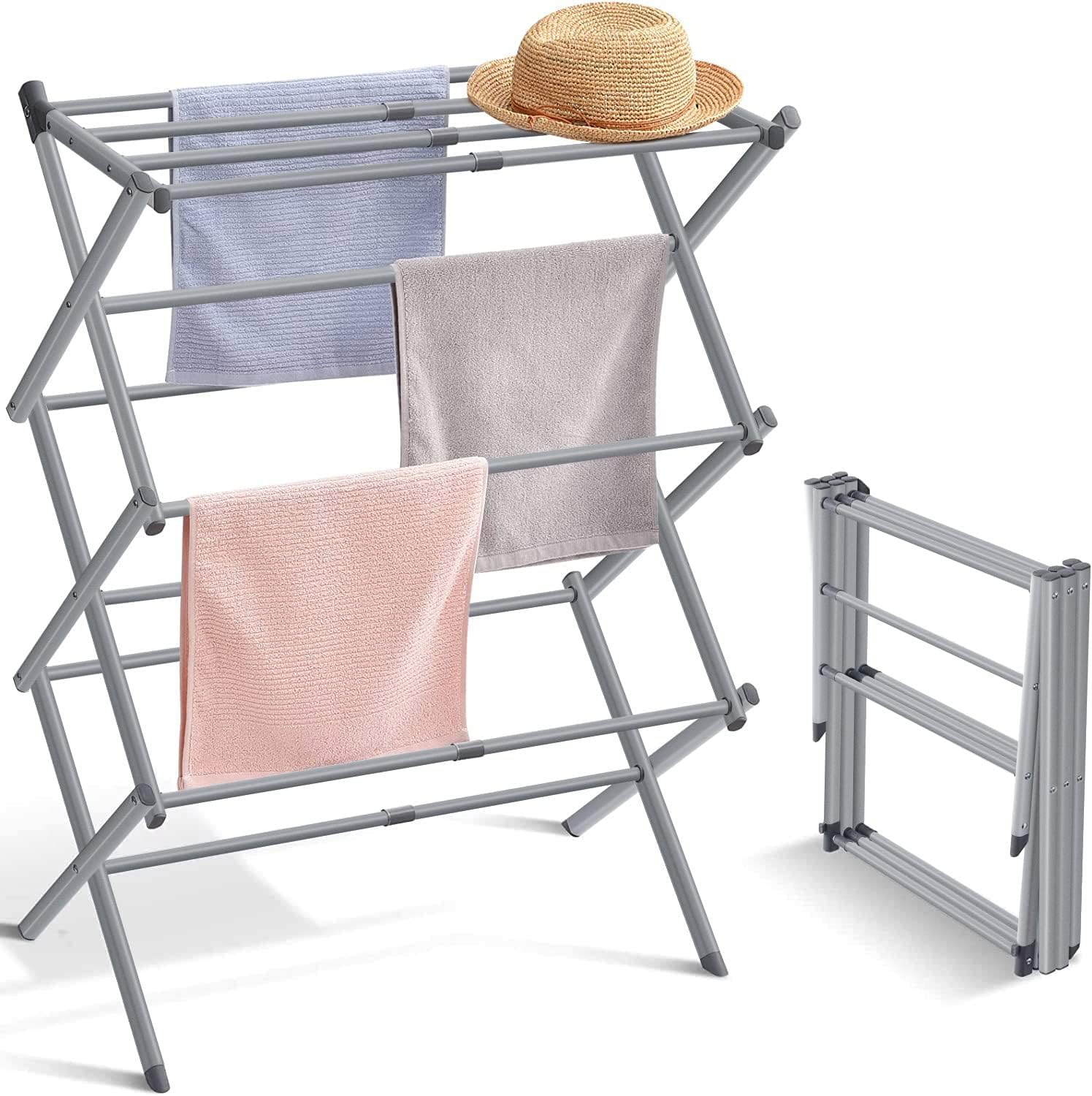 Expandable and Foldable Clothes Drying Stand, Clothes Rack for Air Drying Clothing, Sturdy Durable Clothes Dryer, Laundry Drying Stand for Indoor, Outdoor, Balcony, Gray [Amazon Exclusive]