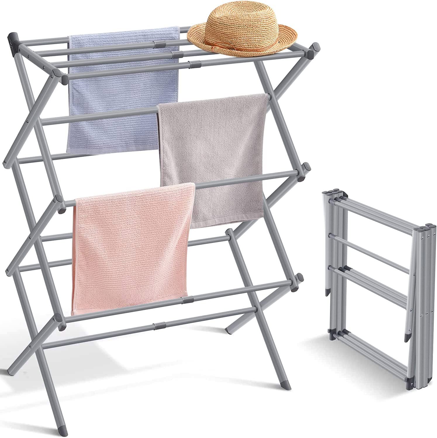 Expandable and Foldable Clothes Drying Stand, Clothes Rack for Air Drying Clothing, Sturdy Durable Clothes Dryer, Laundry Drying Stand for Indoor, Outdoor, Balcony, Gray [Amazon Exclusive]