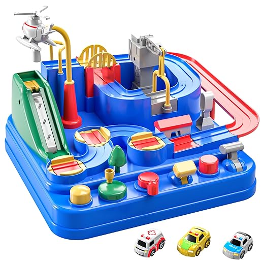 TEMI Kids Race Track Toys for Boy Car Adventure Toy for 3 4 5 6 7 Years Old Boys Girls, Puzzle Rail Car, City Rescue Playsets Magnet Toys w/ 3 Mini Cars, Preschool Educational Car Games Gift Toys