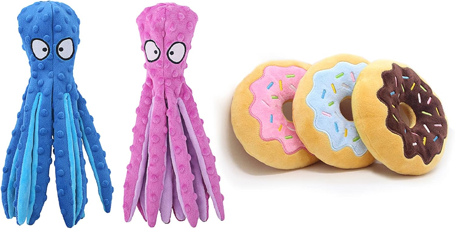 HGB Octopus No Stuffing Dog Squeaky Toys Bundle with Plush