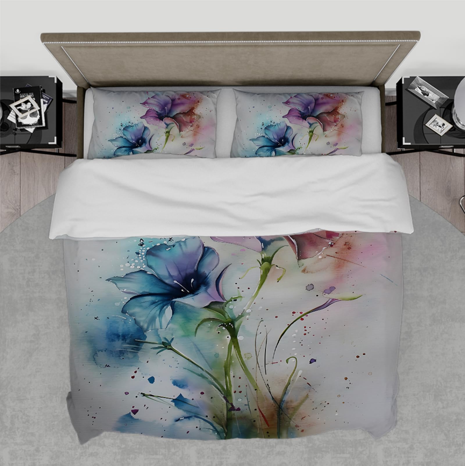 Housse de couette lily fleur aquarelle 155x220cm avec 2 taies d'oreiller pour parure de lit jardin
