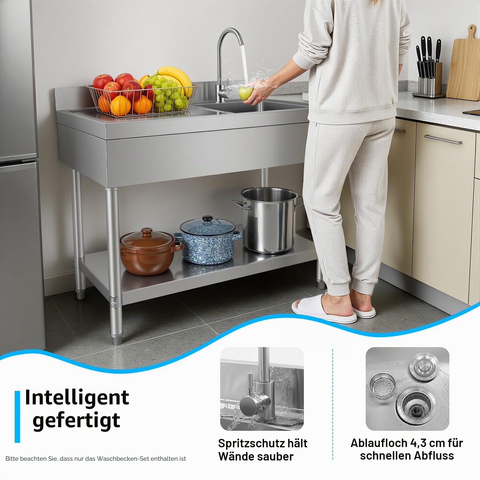 100 x 60 x 80CM Commercial Küchenspülen, Edelstahl 300KG Tragkraft Gebürsteter Prozess Edelstahlspüle 1 Becken (rechts) mit Wasserhahn Abflussrohr Filterkorb für Waschen Von Obst Gemüse Schüsseln