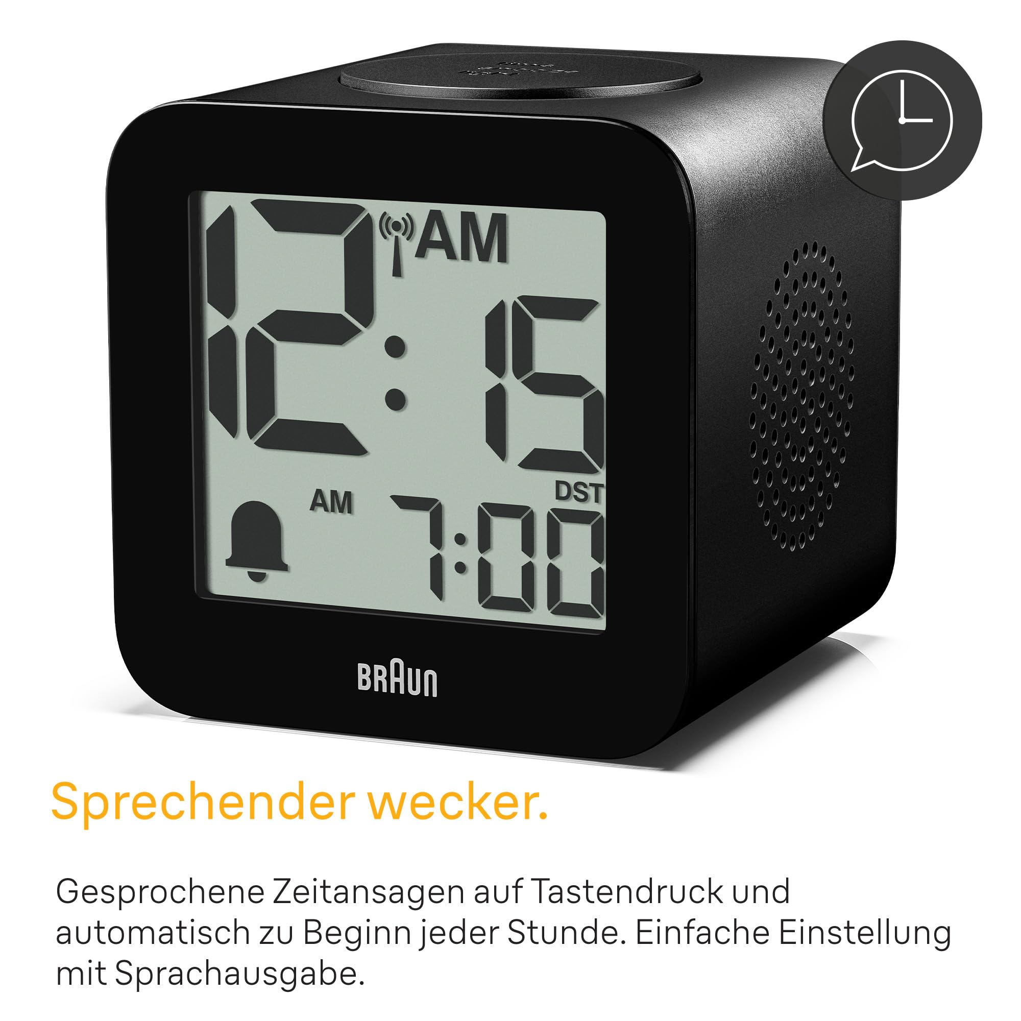 Braun digitaler funkgesteuerter Wecker für mitteleuropäische Zeitzone (DCF) mit Sprachausgabe, Schlummerfunktion, positiver LCD-Anzeige, ansteigendem Signalton in schwarz, Modell BC25BP-DCF