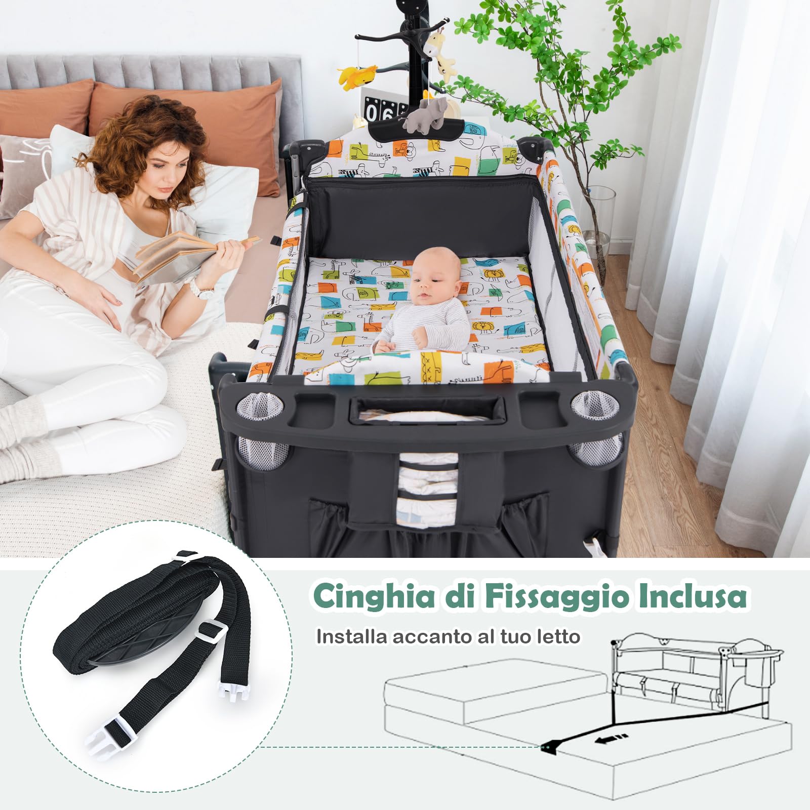 RELAX4LIFE 5 in 1 Lettino Neonato con Materasso, Culla da Campeggio con Fasciatoio e Cintura di Fissaggio, Altezza Regolabile in 4 Livelli, Adatto a Bambini da 0 a 36 Mesi,125 x 66 x 78 cm (Grigio)
