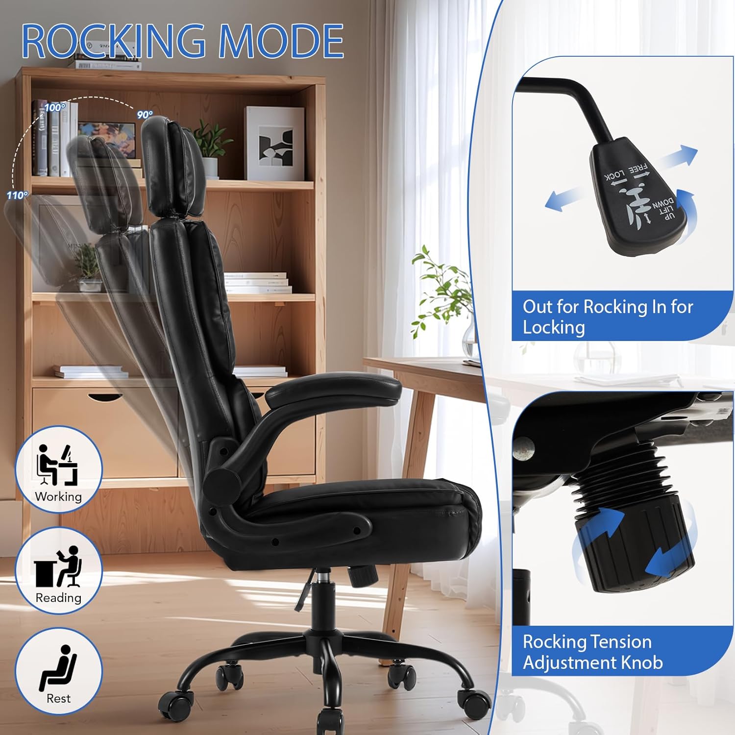 Comfy Office Chair with Adjustable Headrest,Executive Leather Desk Chair with Lumbar Support,Rocking Function,Ergonomic Gaming Computer Chair Having Flip Up Arms, Black