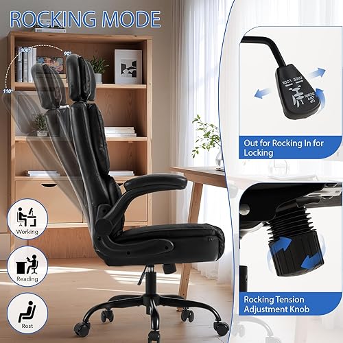 Miniatura 5 de Cómoda silla de oficina con reposacabezas ajustable, silla de escritorio ejecutiva de cuero con soporte lumbar, función mecedora, silla ergonómica