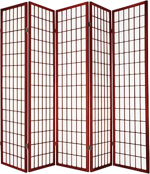 Legacy Decor Room Divider, Folding Shoji Screen, Real Wood Grid Frame, Translucent Privacy Panels, Freestanding Indoor Partition, Asian Style Folding Privacy Screen for Indoor Spaces, Cherry 5 Panels