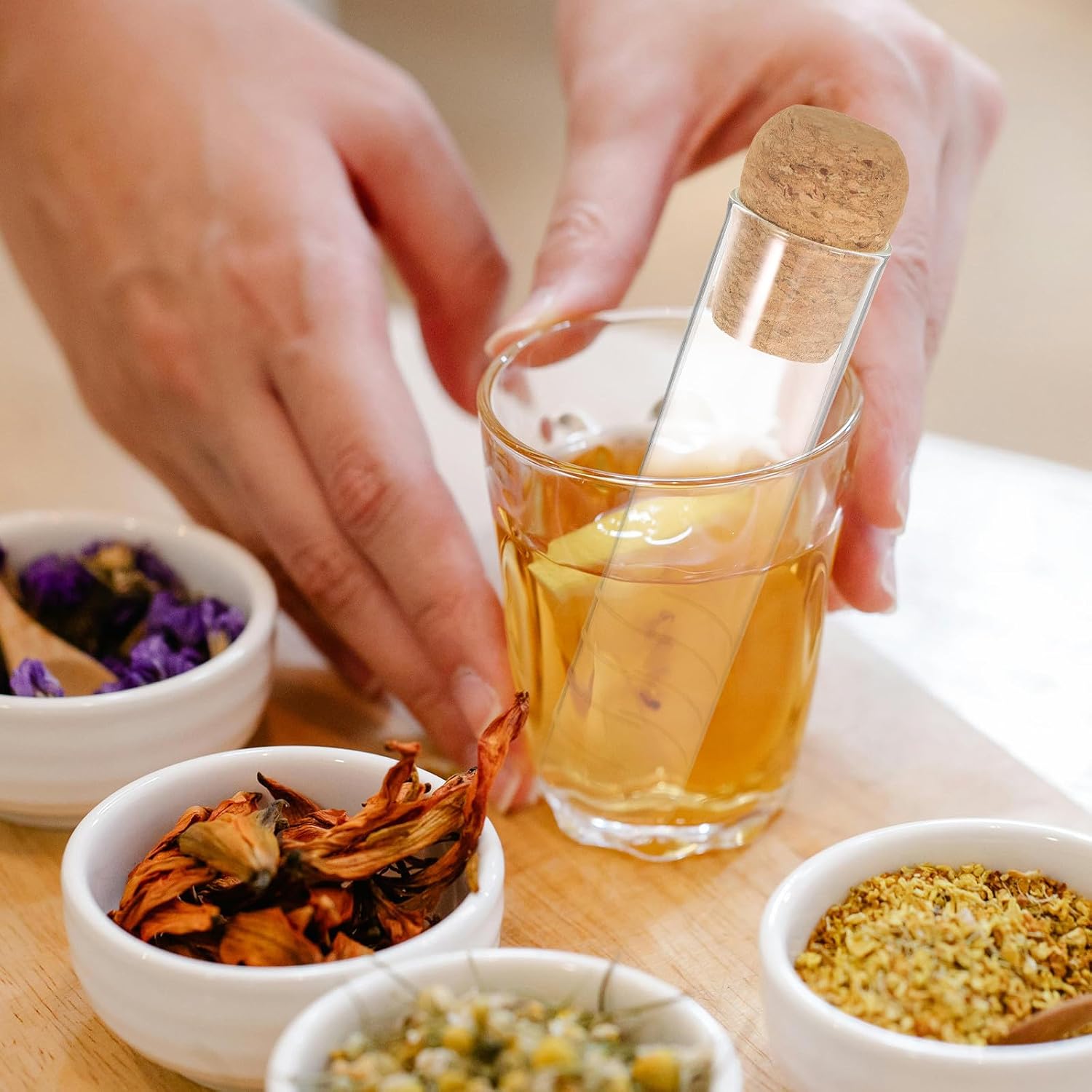 ABOOFAN 6pcs Glass Tea Strainers Loose Tea Leaves Steeper with Cork Lid Glass Filter Infuser for Cups Mugs Accessories