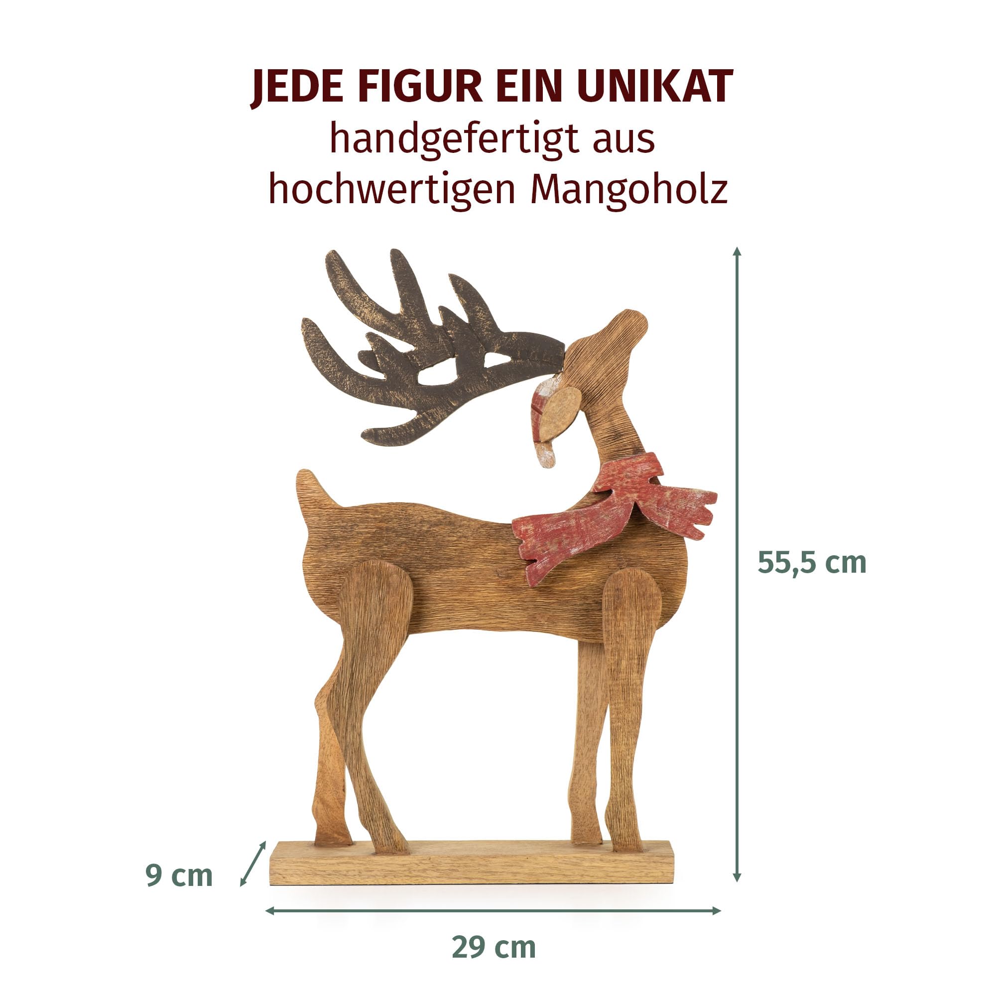 Moritz Décoration de Noël - Figurine de renne en bois de manguier - 55,5 cm - Fabriquée à la main - Avec écharpe rouge et bonnet de Noël - Décoration d'hiver pour salon, rebord de fenêtre ou cheminée