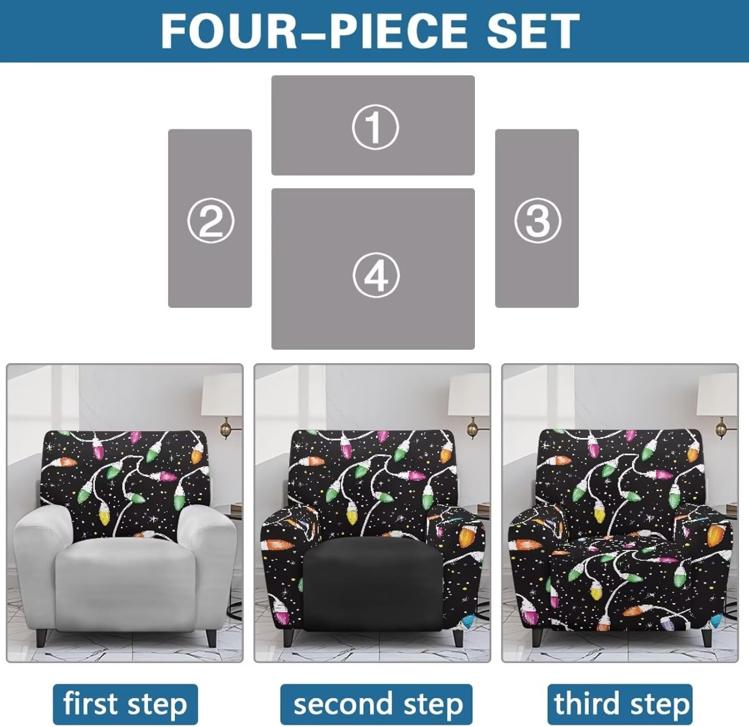 Christmas Recliner Sofa Slipcover 4 Piece Colorful Lights Recliner Couch Cover for Cats Black Furniture Slipcovers for Lazy Boy Sofa Living Room