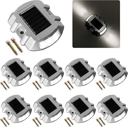 Luces solares para terraza y entrada, paquete de 8, luces LED de advertencia impermeables para exteriores para camino y patio (blanco brillante)