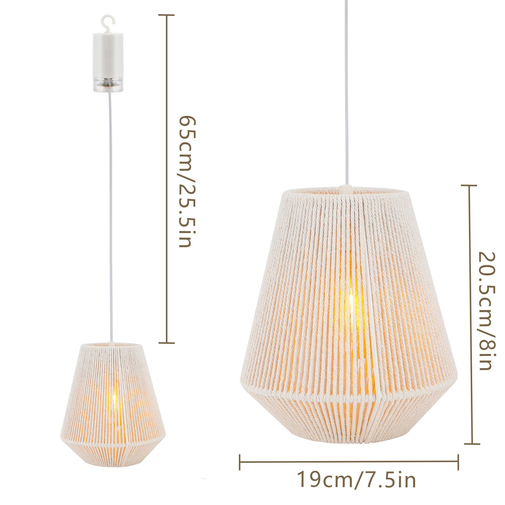 JHY DESIGN Set von 2 Batteriebetriebene Hängelampe 20,5 cm Hoch Geflochtenes Baumwollseil Dekorative Pendelleuchte Hanfseil-Rattan-Beleuchtungskörper mit 6-Stunden-Timer für Innen Außenbereich