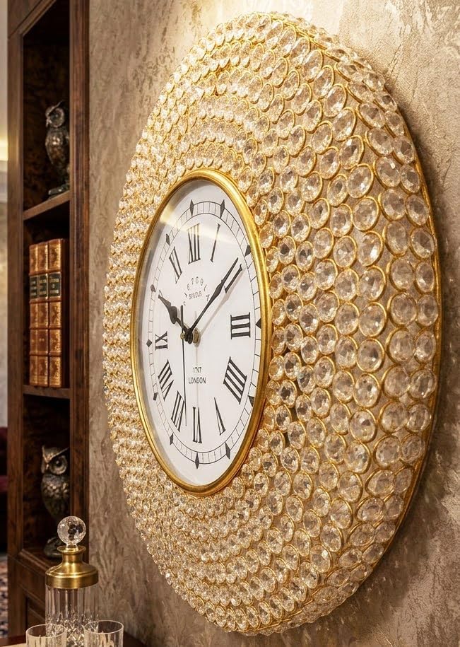 HOMEDECO Large Decorative Crystal Wall Clock (19") Metal Abstract Crystal Beads Analog Hanging Golden in Roman Fancy Diamond Gold Clock Luxury Living Room Gift for Diwali Wedding Anniversary