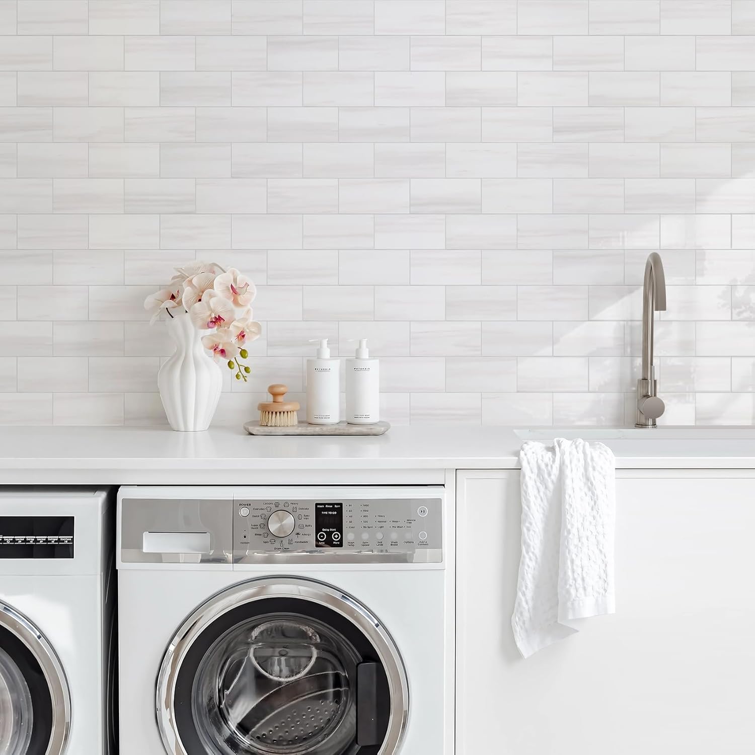 Vamos Tile 100-Piece Glossy Dolomite White Peel and Stick Backsplash Tile,3''x6'' PVC Subway Tile with White Grout, Stick on Backsplash for Kitchen/Bathroom/Fireplace