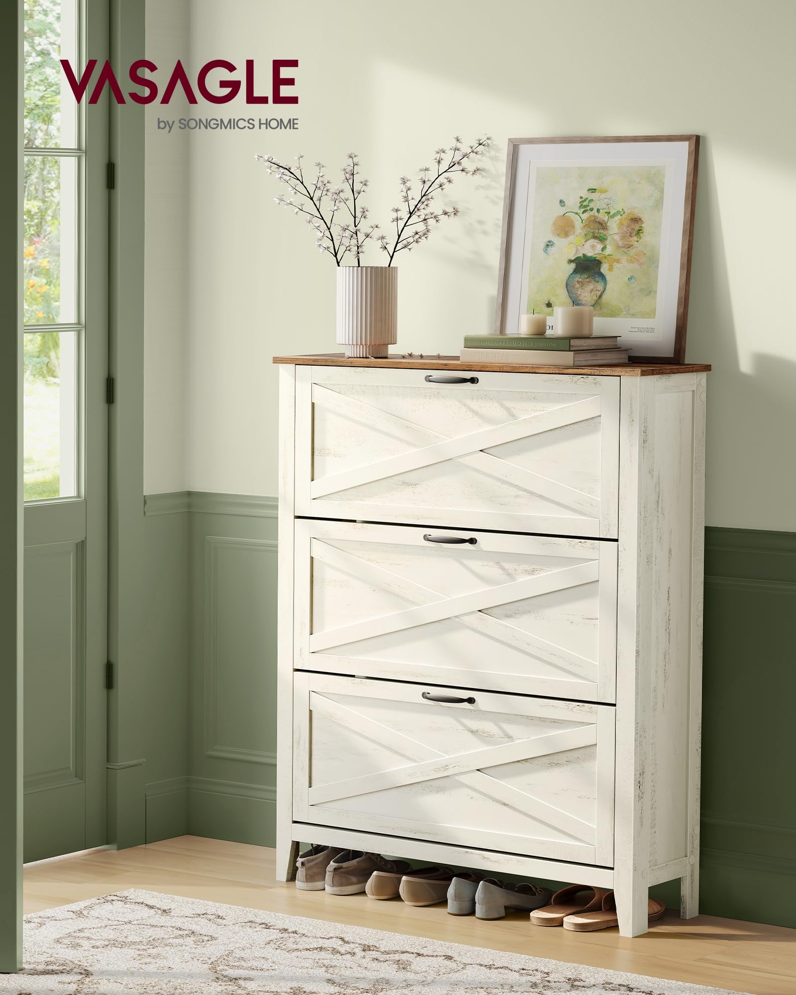 VASAGLE LIRY Collection - Meuble à Chaussures à 3 Abattants, Placard de Rangement Autoportant, Étroit, pour Entrée, Style Campagne, Capacité de 18 à 24 Paires, Blanc Rustique HSC301W02