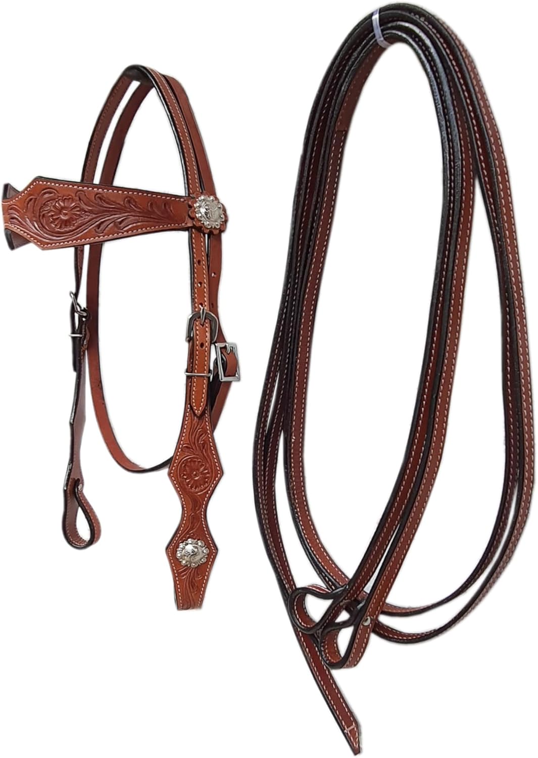 Western Leather Horse Headstall and Reins Combo Natural Antique Tooling, Quick Bit Change Adjustable Browband Headstall and Free Size Reins for Horses