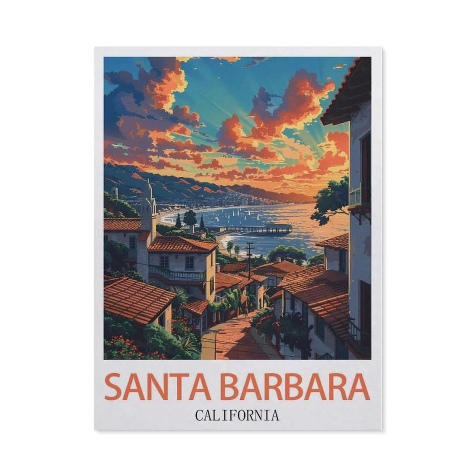 Beayodkp （50 X 60 Cm/19.68 X 23.62 Inches） 5D Diy Full Round Drill Diamond Painting，Santa Barbara California Vintage Travel Posters，Embroidery Full Round Diamond Cross Stitch Rhinestone Mosaic Decor Gift-Cg31