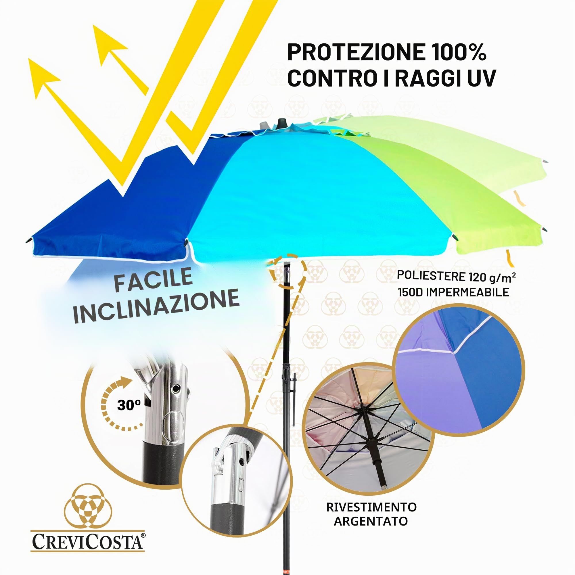 Ombrellone da spiaggia modello 200 cm con spirale e palo di viaggio totale. 8 aste di protezione totale contro i raggi UV