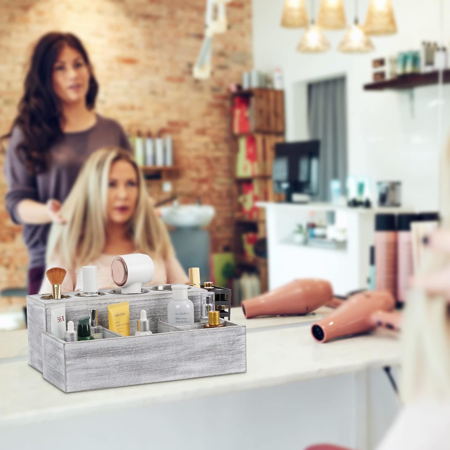 Hair Tool Organizer, Wooden Hair Dryer Holder and Bathroom Countertop Blow Dryer Holder, Vanity Caddy Storage Stand for Accessories, Makeup, Toiletries