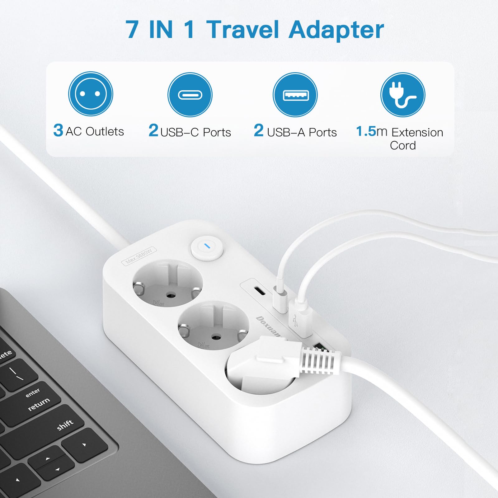 Adaptateur de Voyage International, Adaptateur de Prise avec 3 Compartiments et 4 USB (2 USB C), Type A/C/G/I/M/D Le Japon, Le UK, la Thaïlande, l'AUS, l'EU, l'Afrique du Sud, l'Inde