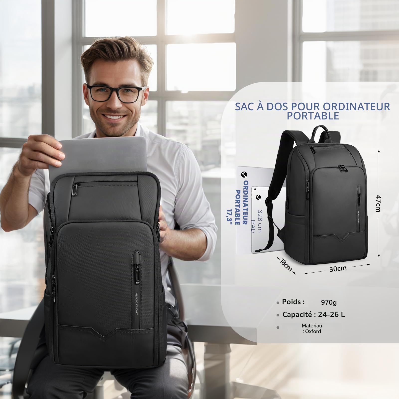 Sac à dos Homme pour Ordinateur Portable 15.6 Pouces | Unisexe Bagage à main Laptop étanche pour le bureau, le voyage, l'université avec port USB