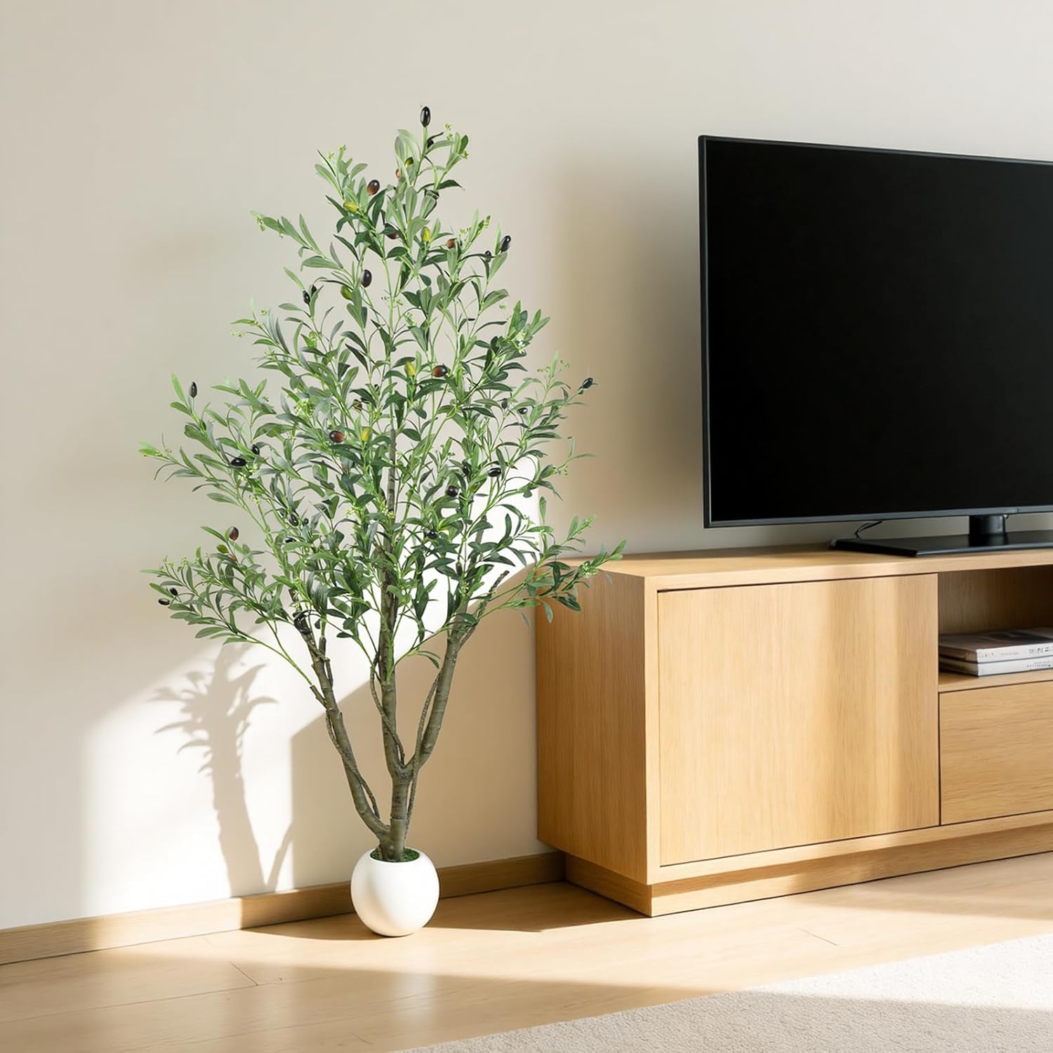 Artificial Olive Tree 5FT, Fake Tree for Indoor Outdoor, Lifelike Faux Large Floor Plants with Heavy Trunk with Vines and Ball-Shaped Pot, Home Office Living Room Bedroom Front Door Decor
