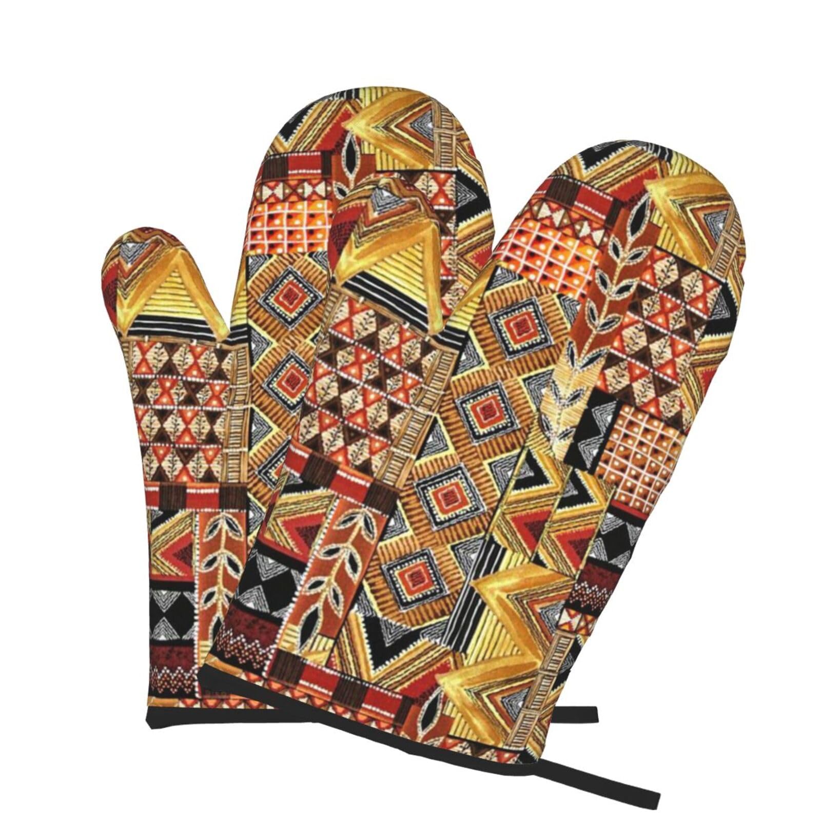 Oven Mitts Set of 2 Pcs, African Textile Patchwork Prints Heat Resistant Kitchen Gloves for Cooking Baking Grilling