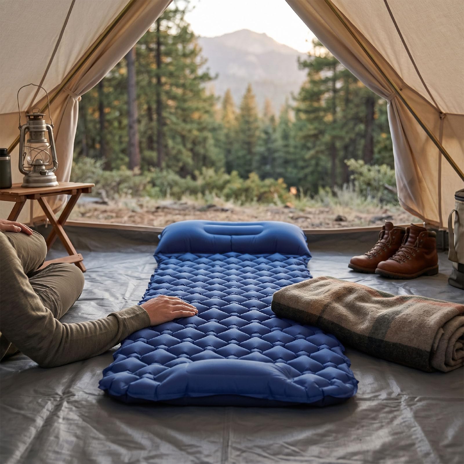 Cosiki Inflatable Sleeping Pad with Comfortable TPU Material | Wbudowana nadmuchiwana poduszka, idealna na kemping, obsługuje do 198 x 60 x 6 cm, przenośna w podróży