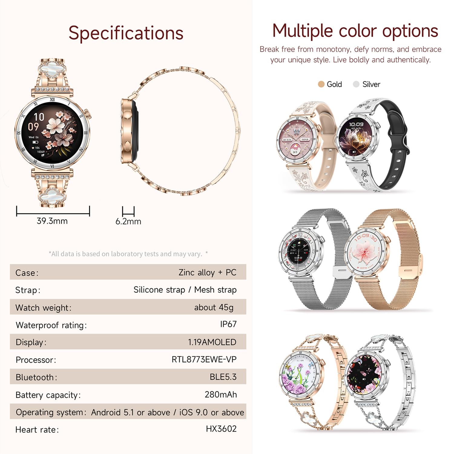 Reloj inteligente para mujer AMOLED de 1,19 pulgadas con función de teléfono, monitor de sueño en el corazón, presión arterial SpO2, modo multideporte, reloj de fitness, resistente al agua, correa de