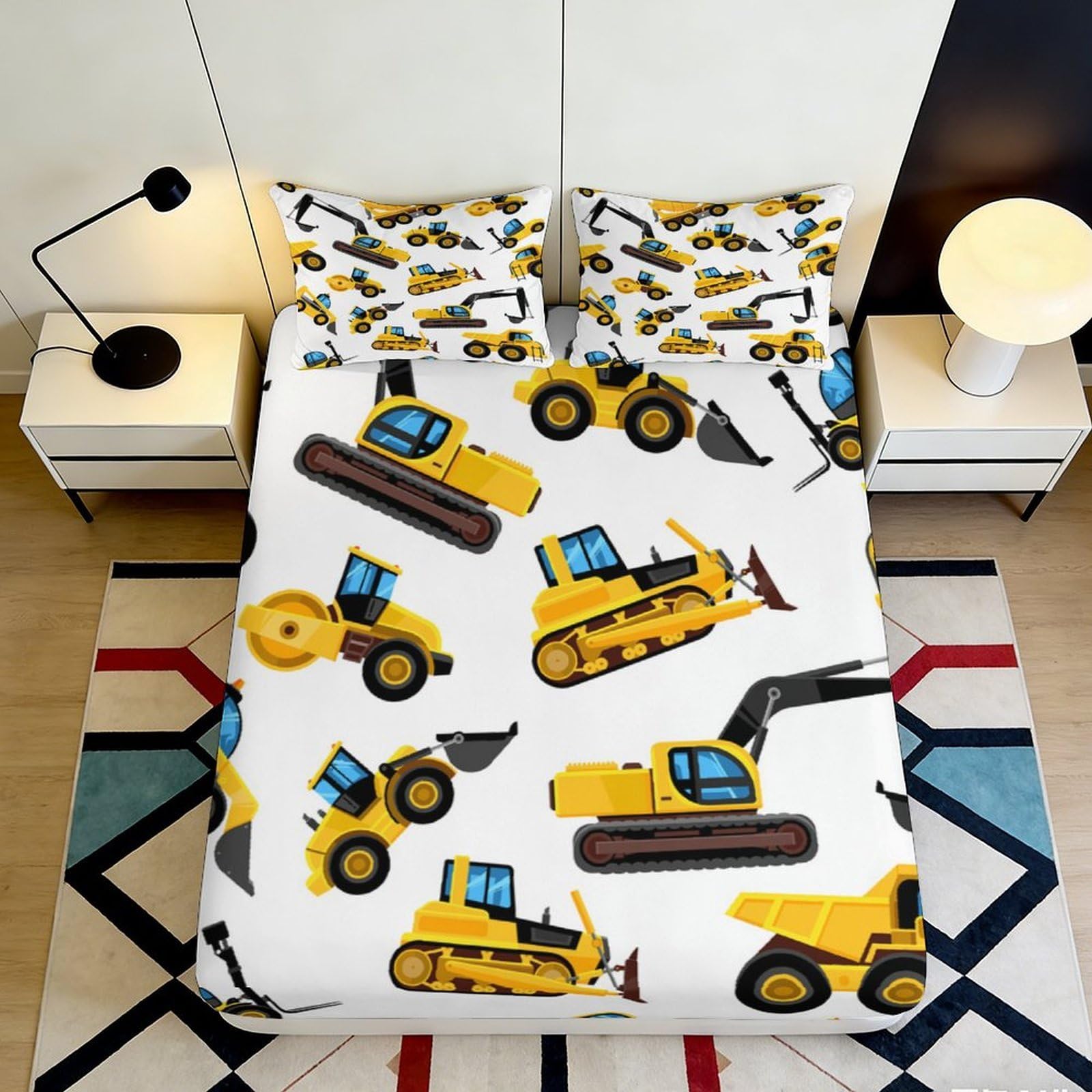 3D Printed Construction Vehicles Fitted Sheet Microfiber Soft Durable Excavator Bed Cover for Bedroom Guest Room Decor 180x200x25cm